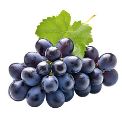A fresh cluster of dark purple grapes with green leaves, perfect for healthy snacking or use in...