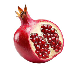 A vibrant pomegranate cut in half, showcasing its juicy red seeds and unique structure, perfect for...