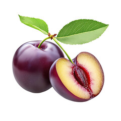 Fresh and juicy plum with a vibrant purple skin and a slice showing its succulent flesh and pit, garnished with green leaves.