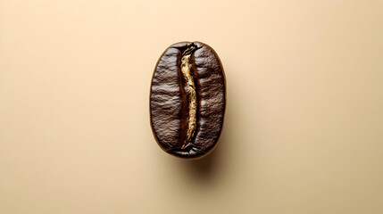 Close-up of a single roasted coffee bean on a warm background, showcasing its rich color and texture.