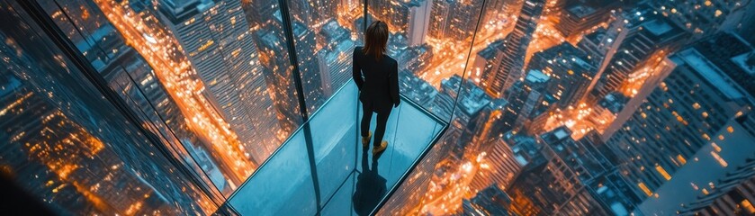 A person stands on a glass floor, overlooking a vibrant cityscape illuminated by twinkling lights at night.