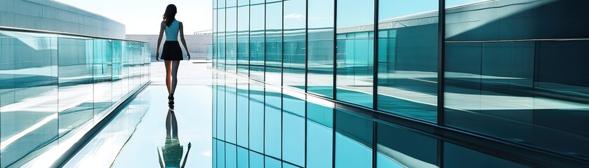A person walking confidently in a modern, glass-filled environment, reflecting contemporary architecture and style.