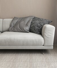 Modern, luxury living room with gray sofa on carpet floor in sunlight on wood panel wall for interior design decoration, product background 3D