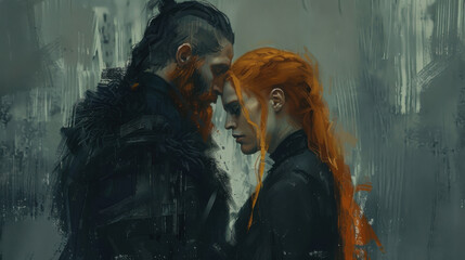 A tranquil couple, she with wavy light orange hair in black, he with a dark beard, both dressed in black, share a thoughtful gaze. Their expressions and visible brushwork create a peaceful scene.