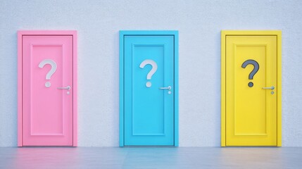 Various colorful doors adorned with question marks represent the multitude of choices and opportunities we encounter in life.