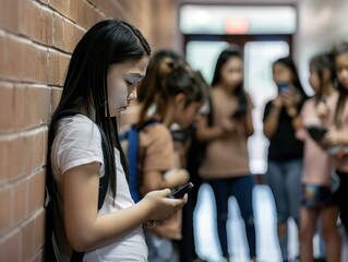 Fototapeta premium Calm School Moment: Girl on phone, long black hair, natural light. 