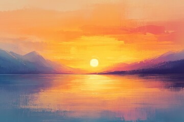 Abstract Sunset Painting with Mountains and Water