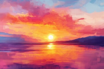 Obraz premium Abstract Sunset Painting Over Water and Mountains