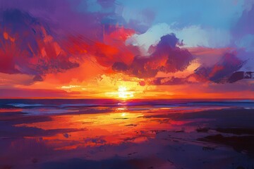 Abstract Sunset Over a Sea with Swirling Clouds