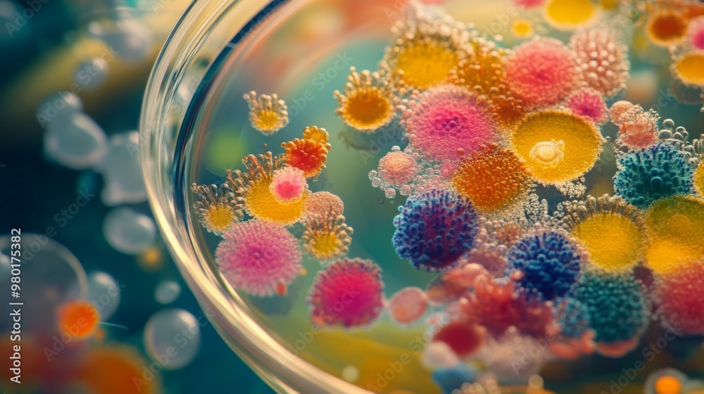 Poster a petri dish displays a variety of colorful microbial colonies, showcasing intricate patterns and vi