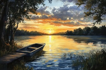Obraz premium A Lone Boat Moored at a Lake's Edge with a Golden Sunset