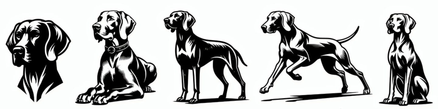 Set of weimaraner vector silhouette illustration collection set, dog breed clip art design element bundle 