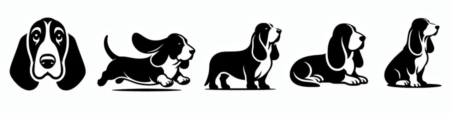 Set of basset hound black vector silhouette illustration collection set, dog breed clip art design element bundle 