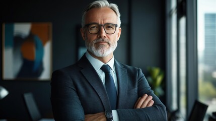 Fototapeta premium Confident senior business professional in formal attire standing in modern office with folded arms, looking at camera.