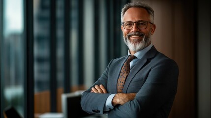Fototapeta premium Confident senior businessman with gray beard and glasses in modern office, represents professional leadership and successful career.