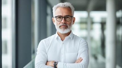 Fototapeta premium Confident senior man with glasses and white beard standing with arms crossed in a modern office setting, showcasing professionalism and experience.