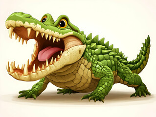 Naklejka premium A vibrant, cartoon-style crocodile with big eyes and a wide smile, perfect for children's illustrations and playful designs.