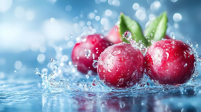 Fresh red plums splash in water, showcasing the vibrant color and juicy texture. Perfect for food or health-related imagery.