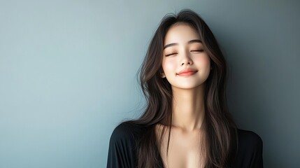 Fototapeta premium A serene portrait of a young woman smiling gently against a muted backdrop, embodying beauty and tranquility.