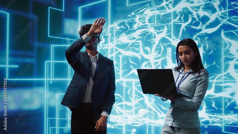 Aufkleber engineers use vr smart goggles and ai neural networks to solve company problems. it experts using ar