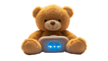 Obraz premium A teddy bear featuring a soft texture and a blue light glowing gently from its chest, creating a warm ambiance.