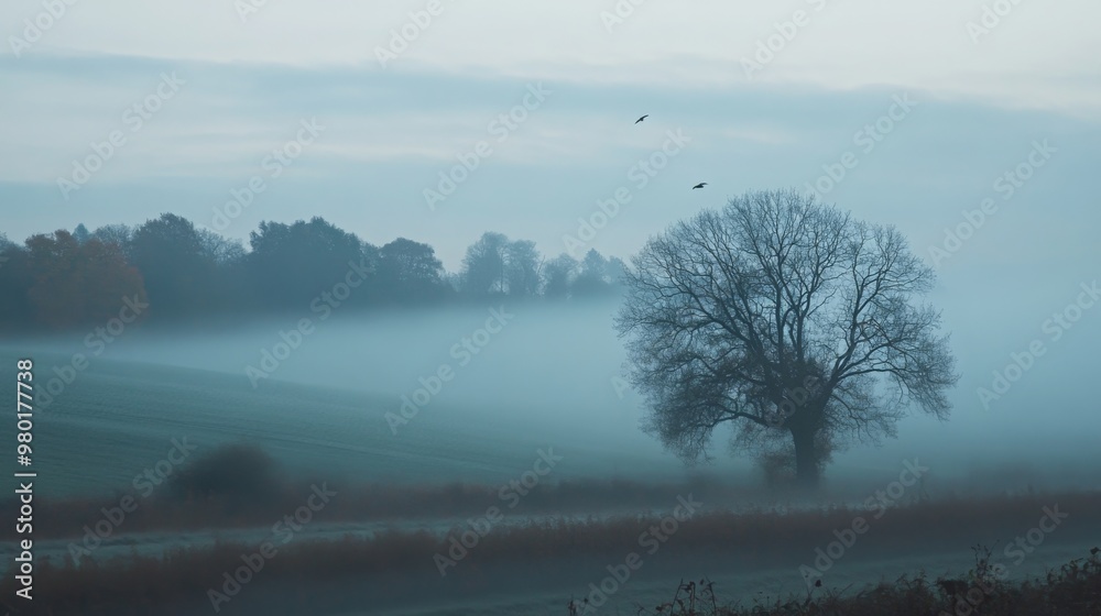 Aufkleber A tranquil early morning unfolds with a solitary tree standing in a misty field. Soft light illuminates the distant hills while birds glide through the serene atmosphere, creating a peaceful scene.