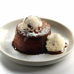 Delicious molten chocolate cake topped with creamy ice cream and chocolate sauce, served on a white plate.