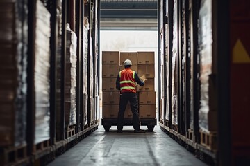 Obraz premium A warehouse employee loads a series of parcels into a delivery vehicle, highlighting efficient logistics during peak e-commerce season