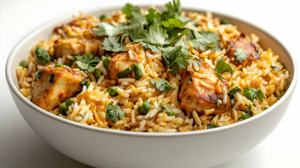 Delicious bowl of chicken biryani garnished with fresh coriander, featuring fragrant rice and seasoned chicken pieces.