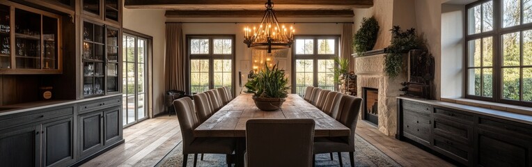 A spacious dining room featuring a long wooden table, elegant chairs, and natural light.