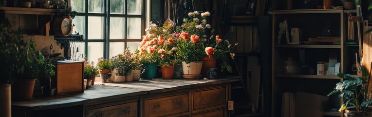 Fototapeta premium A cozy indoor space featuring a table adorned with vibrant potted flowers.