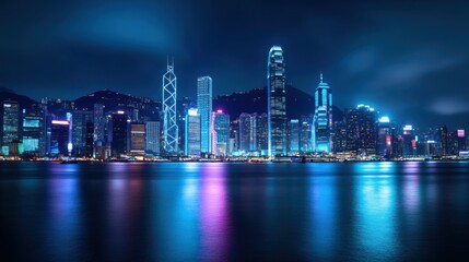 Fototapeta premium Neon Skyline Reflections of a Modern City at Night with Vibrant Lights Over Calm Water