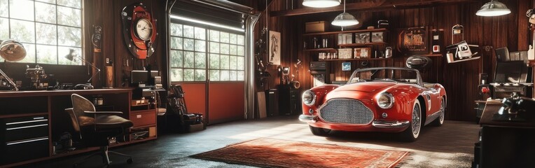 A vintage red sports car in a cozy garage filled with tools and memorabilia.
