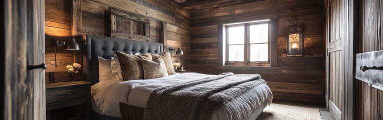 Cozy rustic bedroom with wooden walls and warm lighting.