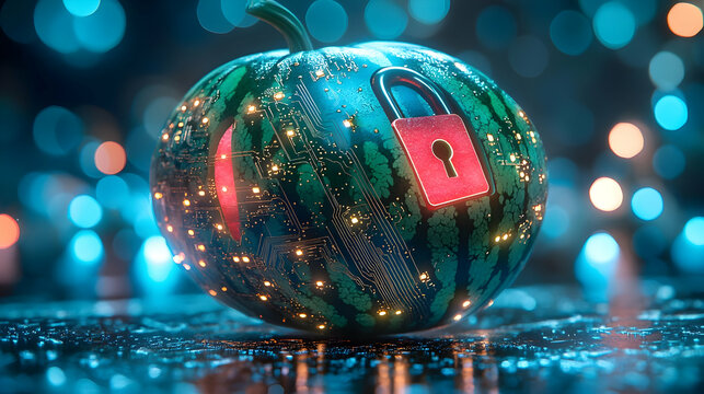 A creative watermelon with a lock symbol and bright lights, symbolizing security and fun. Ideal for unique promotional content.