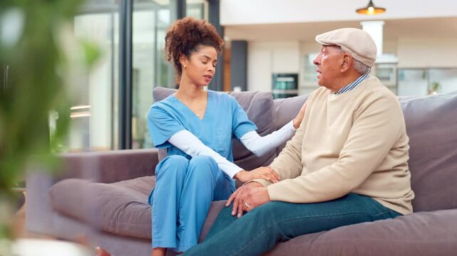 Nurse, elderly care and support as caregiver in nursing home for health, wellness and empathy in retirement. Woman, senior man and patient with Alzheimers, age related illness or anxiety with comfort