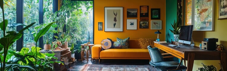 A cozy living room with vibrant colors, plants, and artwork creating a welcoming atmosphere.