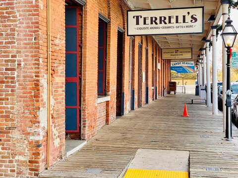 Historic Brick Boardwalk with Terrell's Sign in Old Sacramento

