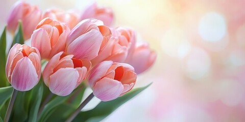 Obraz premium Soft Pastel Tulips with Gentle Pink and Peach Hues in Bokeh Background
