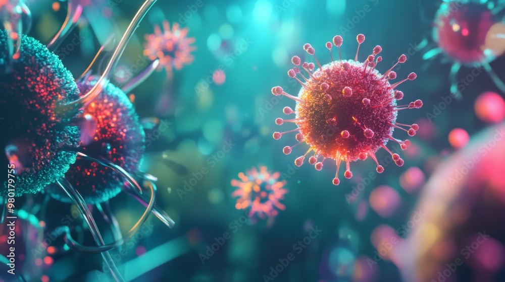 Poster a vibrant visualization of various viruses and microorganisms is presented, showcasing their intrica