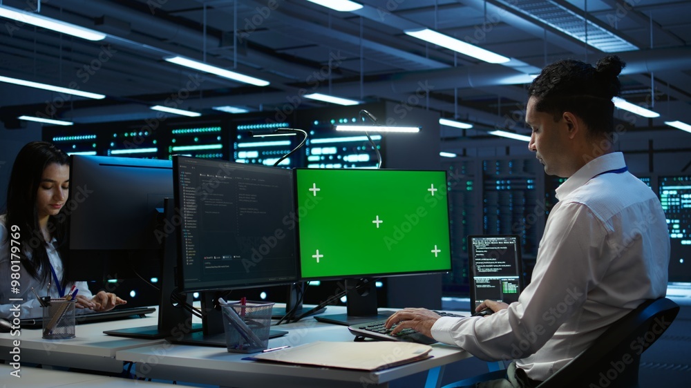 Poster engineer working with chroma key pc in data center used for managing gear energy consumption. employ