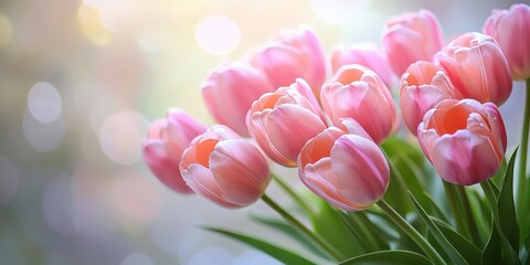 Obraz premium Soft Pastel Tulips with Gentle Pink and Peach Hues in Bokeh Background