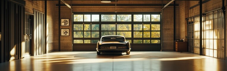 A vintage car parked in a spacious, well-lit garage with large windows.