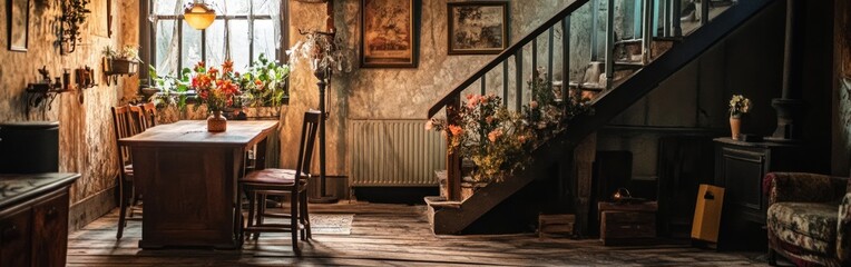 Cozy interior with a dining table, plants, and a staircase, evoking warmth and nostalgia.