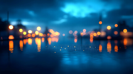 A serene nighttime scene showcasing blurred city lights reflecting on a calm water surface, evoking a tranquil ambiance.