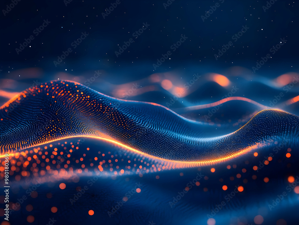 Poster abstract digital landscape with flowing waves and glowing particles, creating a mesmerizing visual e