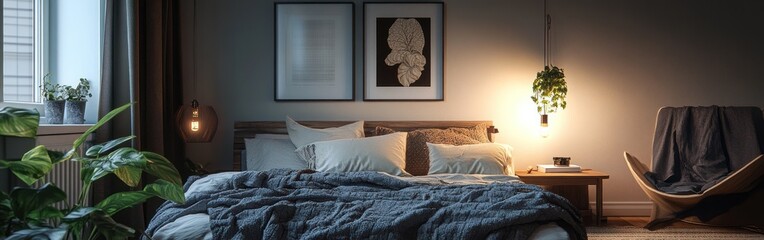 A cozy, modern bedroom featuring a bed, plants, and warm lighting for relaxation.