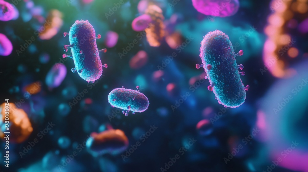 Aufkleber a vivid microscopic portrayal shows bacteria suspended in an imaginative digital world filled with b