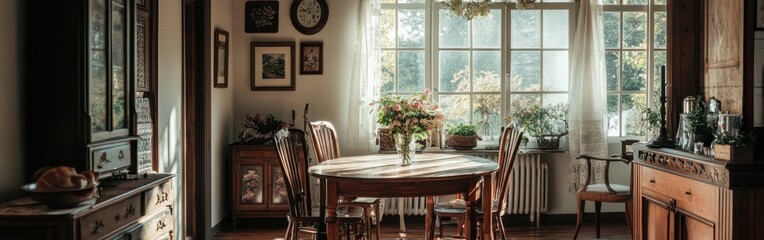 Cozy dining area with wooden furniture, plants, and warm sunlight streaming through windows.