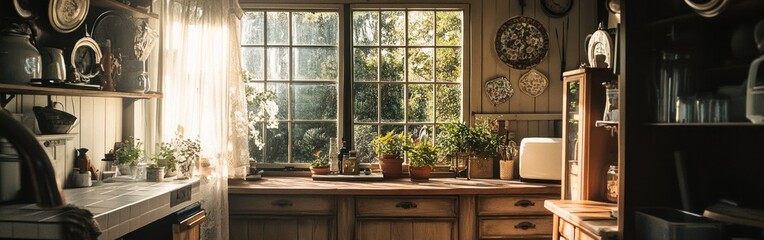 A warm, sunlit kitchen filled with plants and rustic decor.